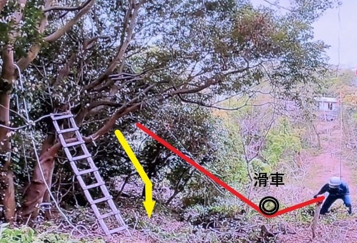 滑車をつけて、もう片方のロープの先端を引っ張る